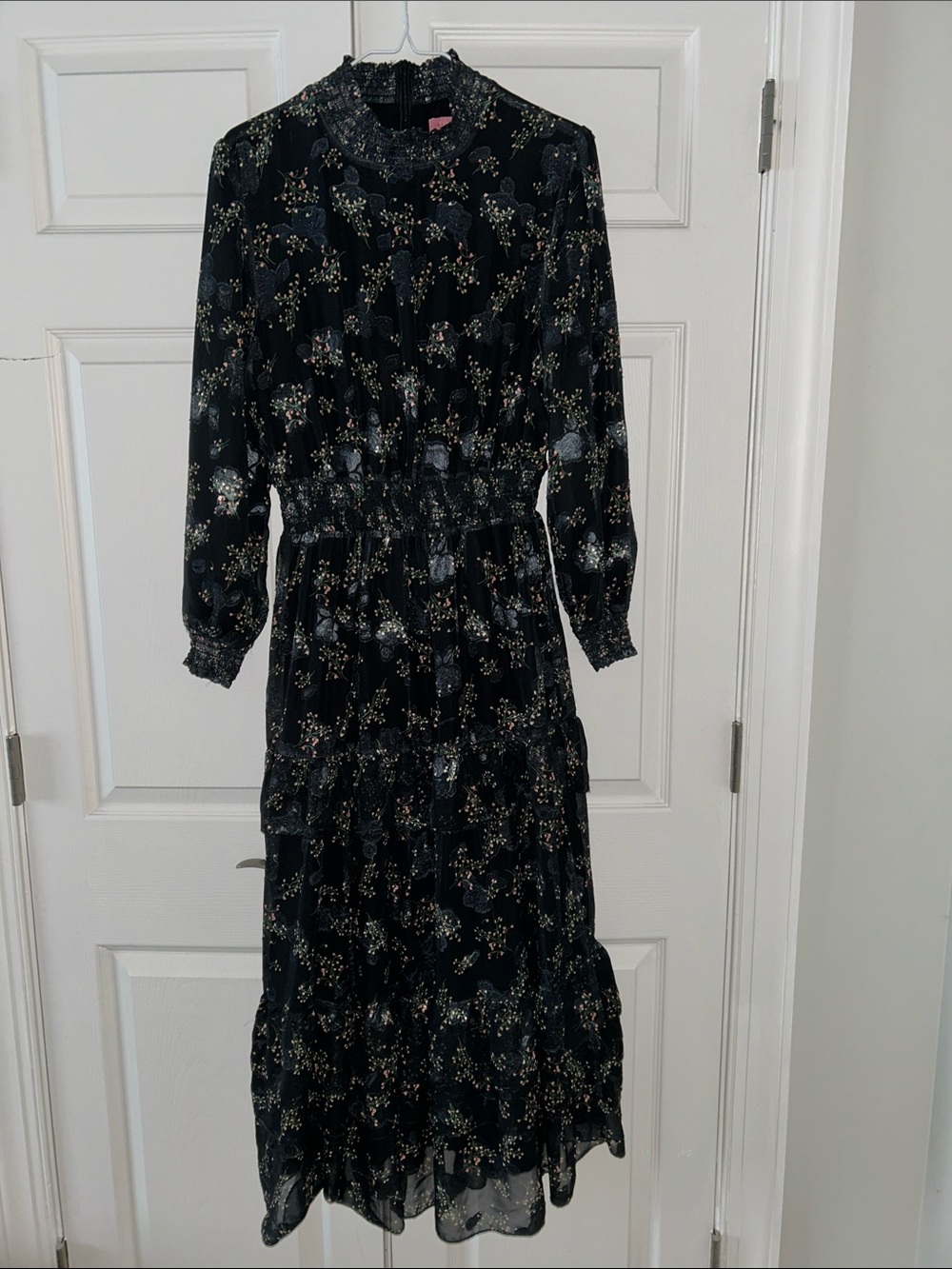 Mauve Black Floral Long-Sleeve Tiered Dress